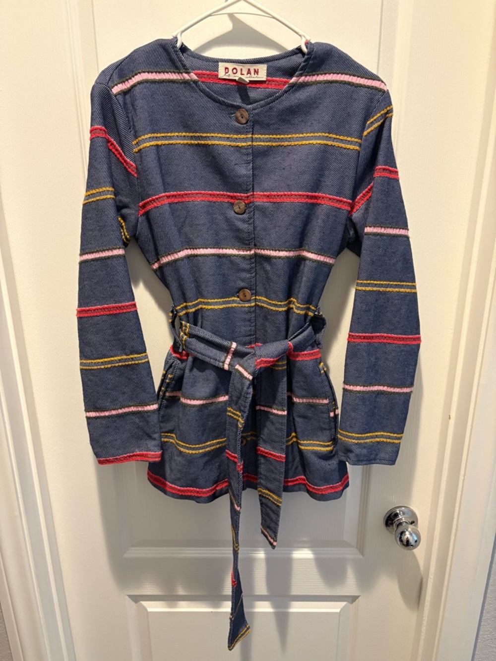 Dolan Navy Striped Button Front Belted Jacket